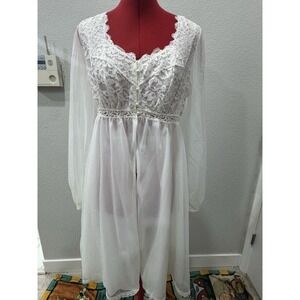 Vtg 50s 60s Olga Sheer chiffon Bridal Peignoir Robe Gown Lace Nylon Pearls